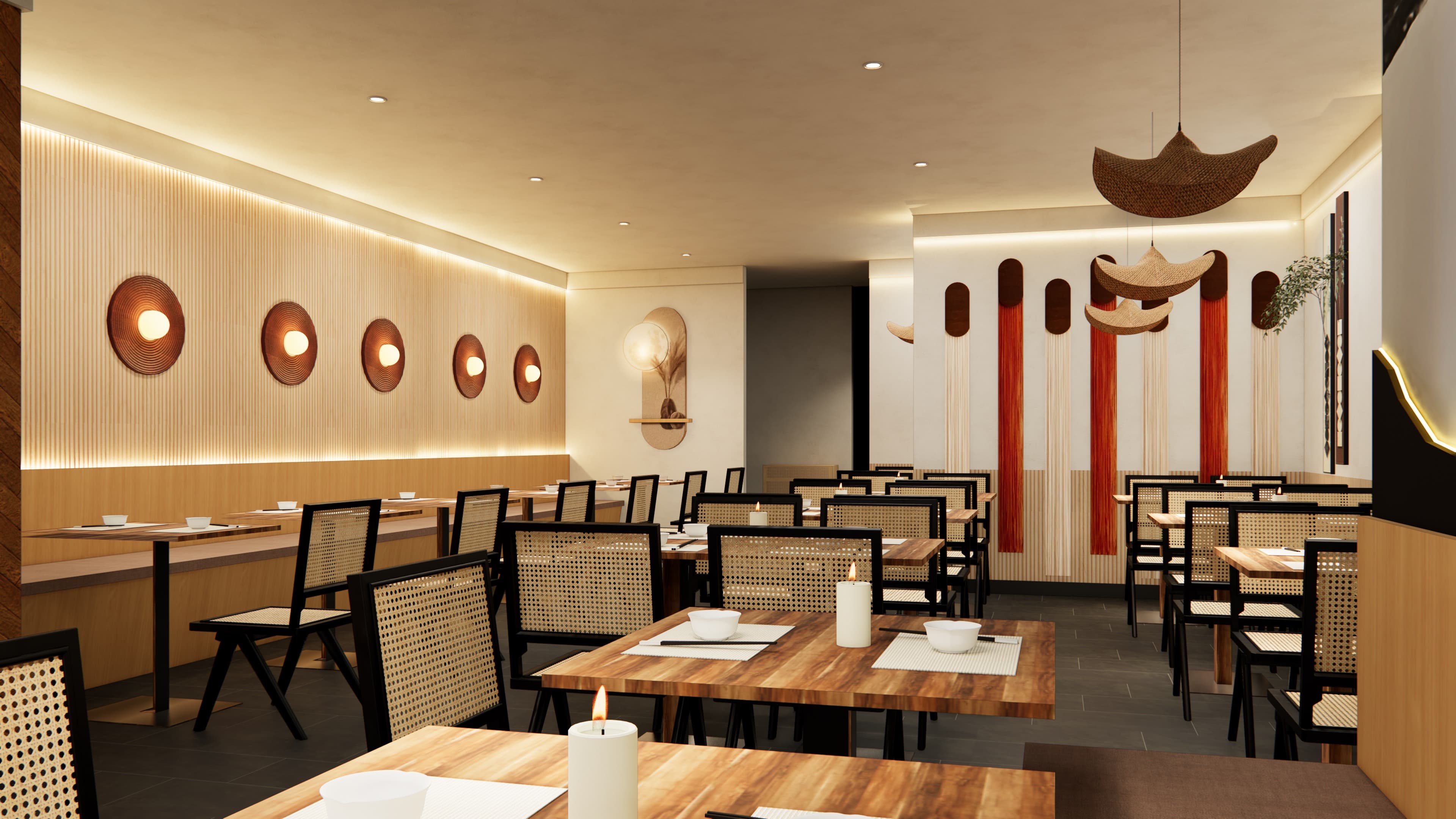 Modern waterfront restaurant interior, glass walls, sophisticated lighting, contemporary Asian design elements, luxury dining experience