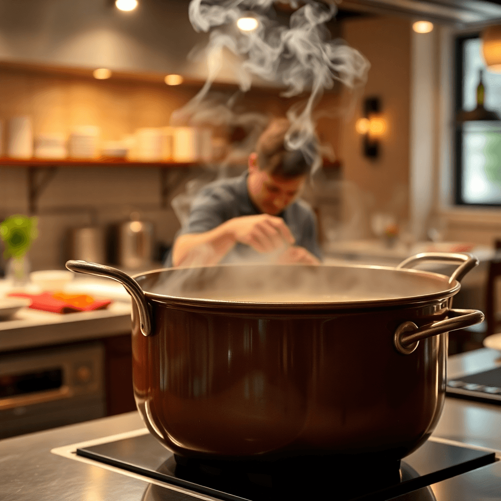 Artisanal bone broth simmering in pristine kitchen, steam rising elegantly, professional culinary photography, warm lighting, luxury restaurant setting
