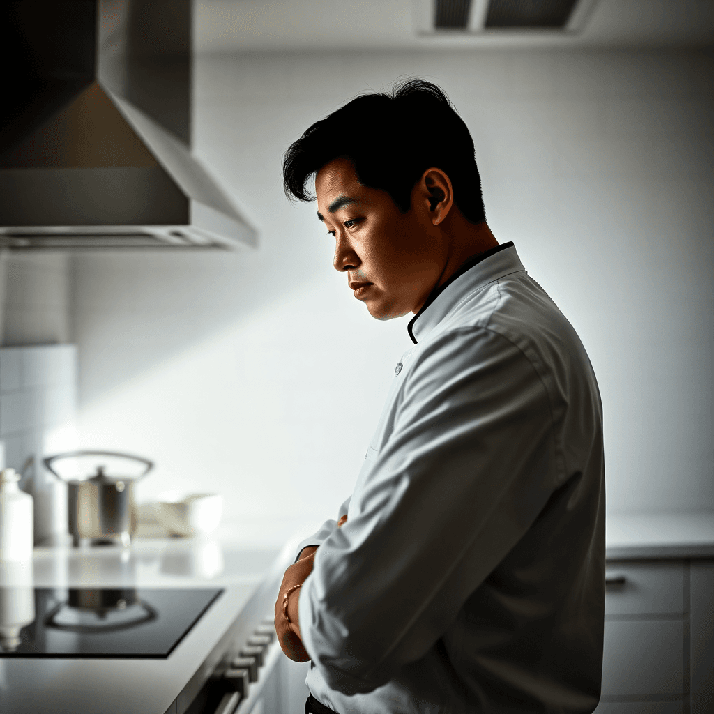 Portrait of contemplative Asian chef in pristine white kitchen, natural lighting, documentary style photography, artistic composition, premium culinary atmosphere