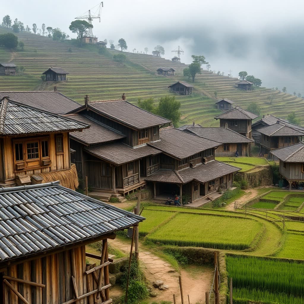 Ancient Yunnan ethnic village with traditional wooden houses, terraced rice fields, morning mist, documentary photography style, cultural heritage atmosphere