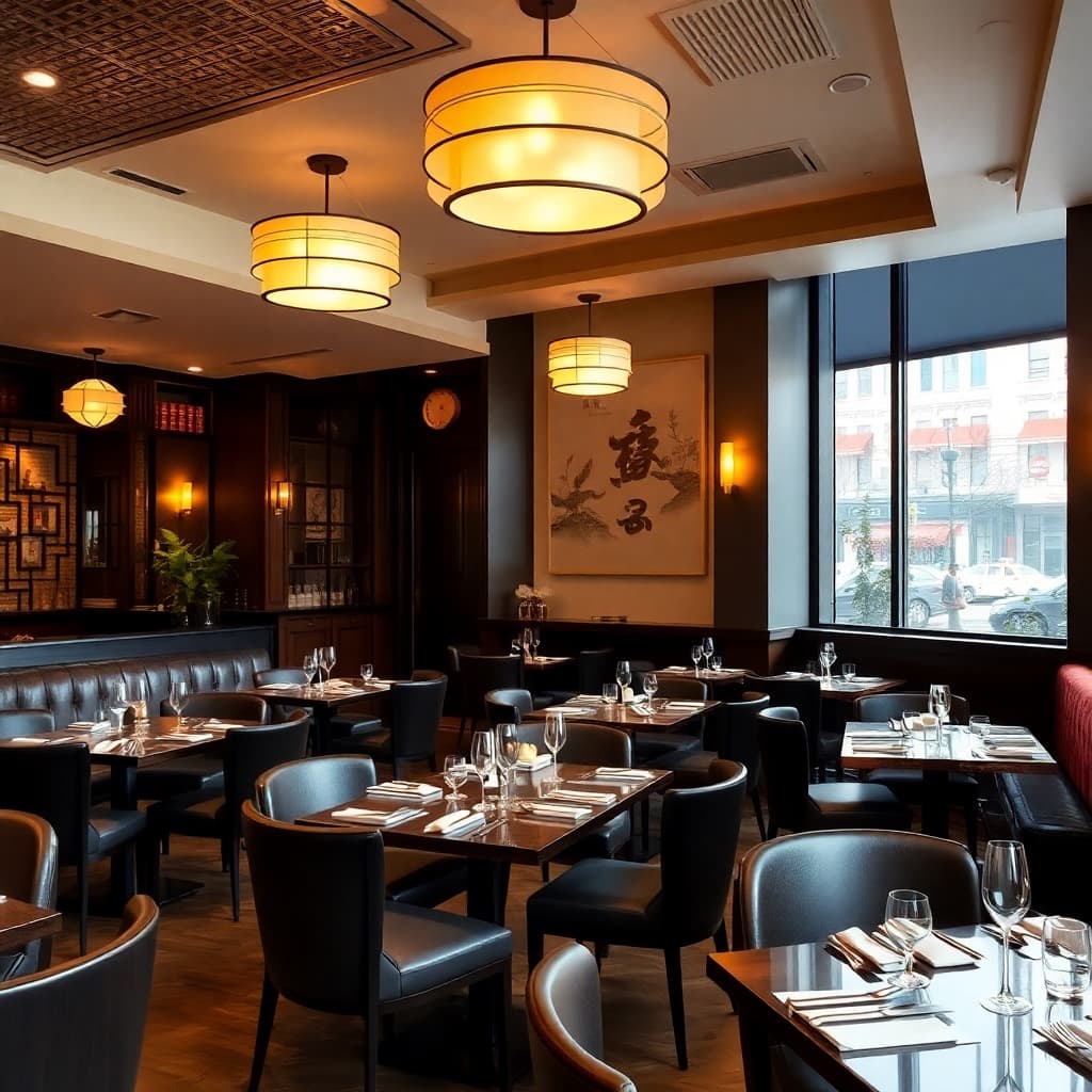Elegant modern restaurant interior with traditional Chinese elements, Greenwich Village location, warm lighting, contemporary design