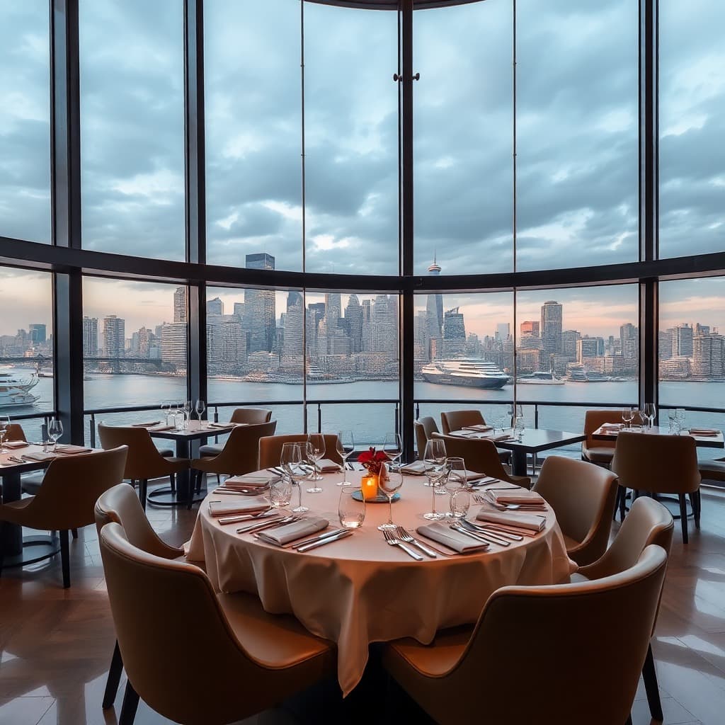 Sophisticated restaurant space with panoramic city views, Jersey City waterfront location, modern Asian design elements, luxury atmosphere