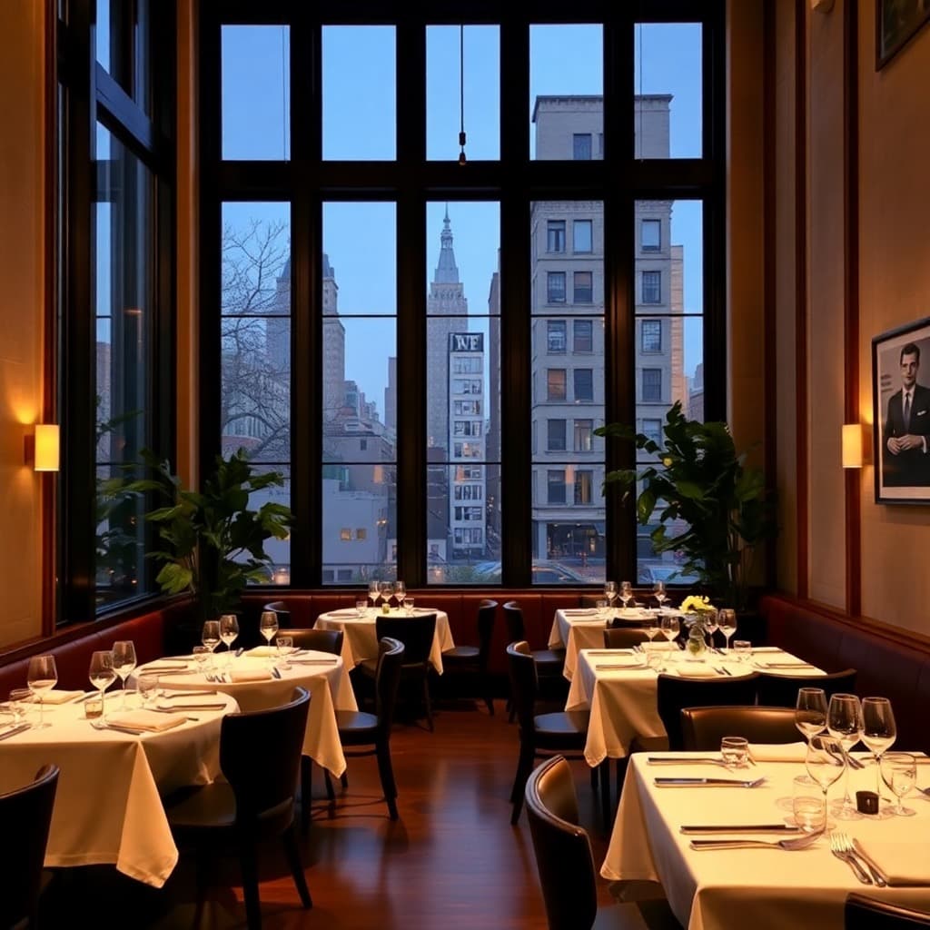 Upscale neighborhood restaurant with floor-to-ceiling windows, Upper West Side NYC, refined dining room, cultural sophistication