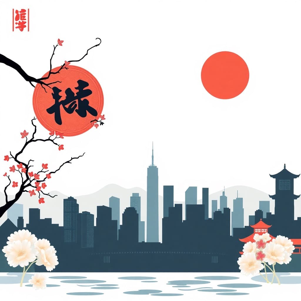 NYC skyline silhouette with traditional Chinese elements, artistic blend, cultural fusion illustration