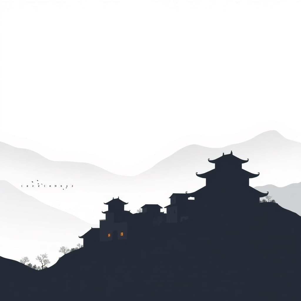 Ancient Chinese mountain village silhouette, traditional architecture outline, minimalist line art