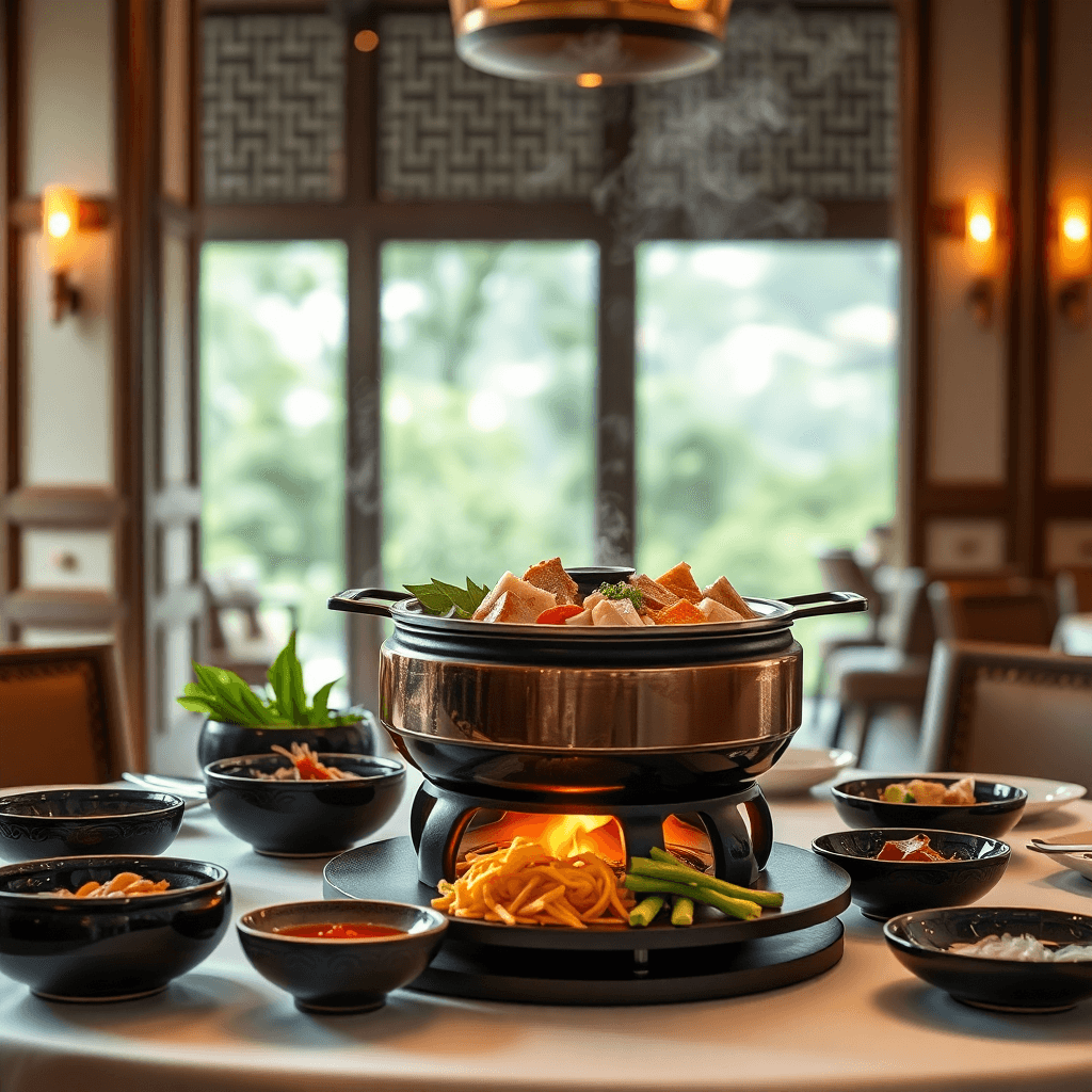 Sophisticated Yunnan hotpot presentation, premium ingredients, elegant table setting, luxury dining atmosphere, professional photography