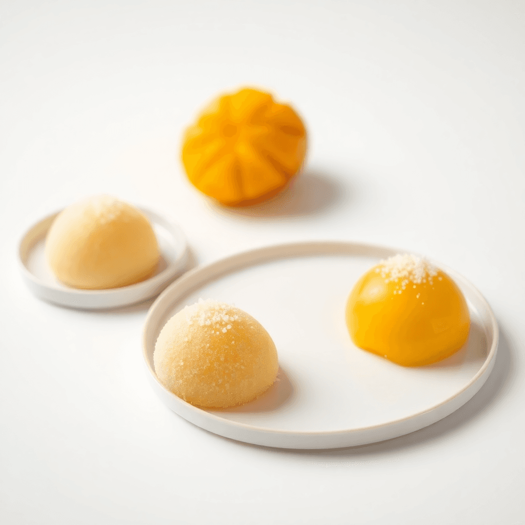 Premium mango mochi dessert with elegant presentation, minimalist plating, luxury dessert photography, pristine white background