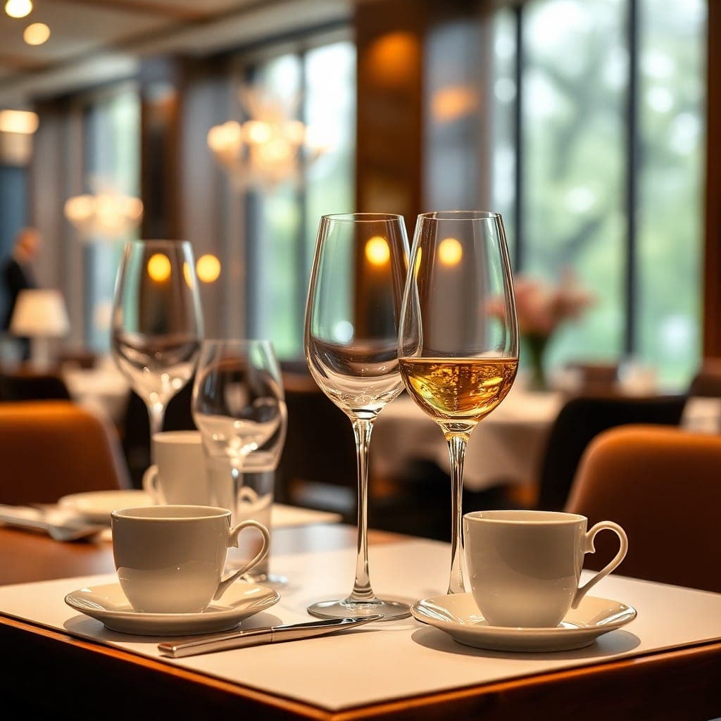 Elegant wine glasses and tea cups arranged with fine dining table setting, luxury restaurant atmosphere, professional photography, warm lighting