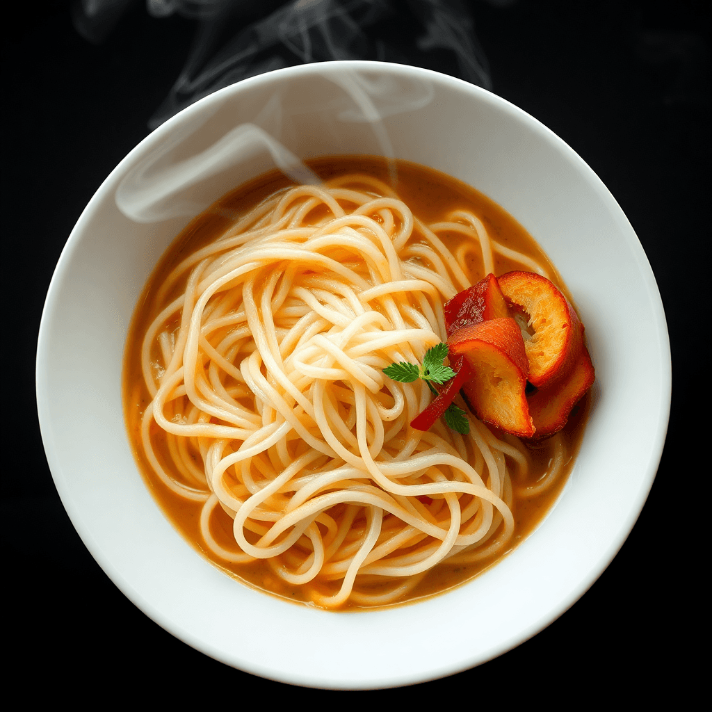 Elegant Crossing Bridge Rice Noodles in pristine white bowl, artistic plating, steam rising, professional food photography, luxury presentation