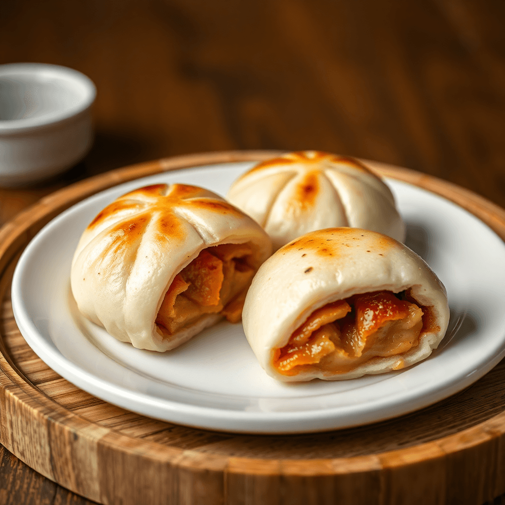 Artisanal pan-seared pork buns with golden crispy bottom, elegant presentation, luxury food styling, professional photography