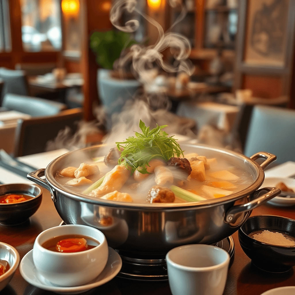 Elegant winter comfort food presentation, steaming Yunnan hotpot with premium ingredients, cozy restaurant atmosphere, luxury food styling, warm lighting